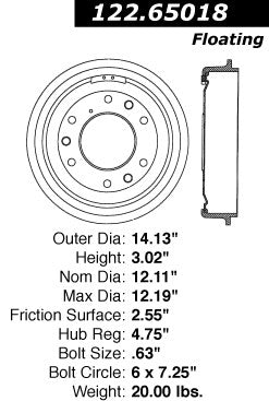 Stoptech Centric 56-76 Ford F-350/P-350/400 Front Premium Brake Drum 122.65018