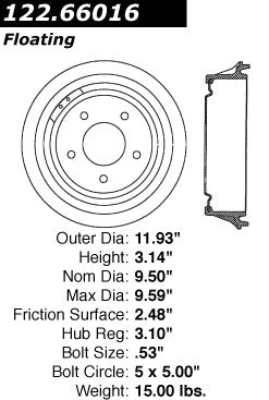 Stoptech Centric Premium Brake Drum - Rear 122.66016