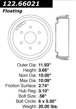 Stoptech Centric Premium Brake Drum - Rear 122.66021