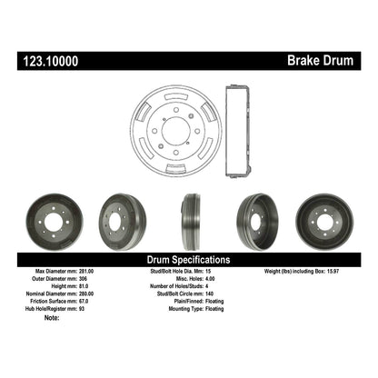 Centric Parts Brake Drum Standard with Non-Directional Finishes for 1971-1983 Peugeot 504 123.10000