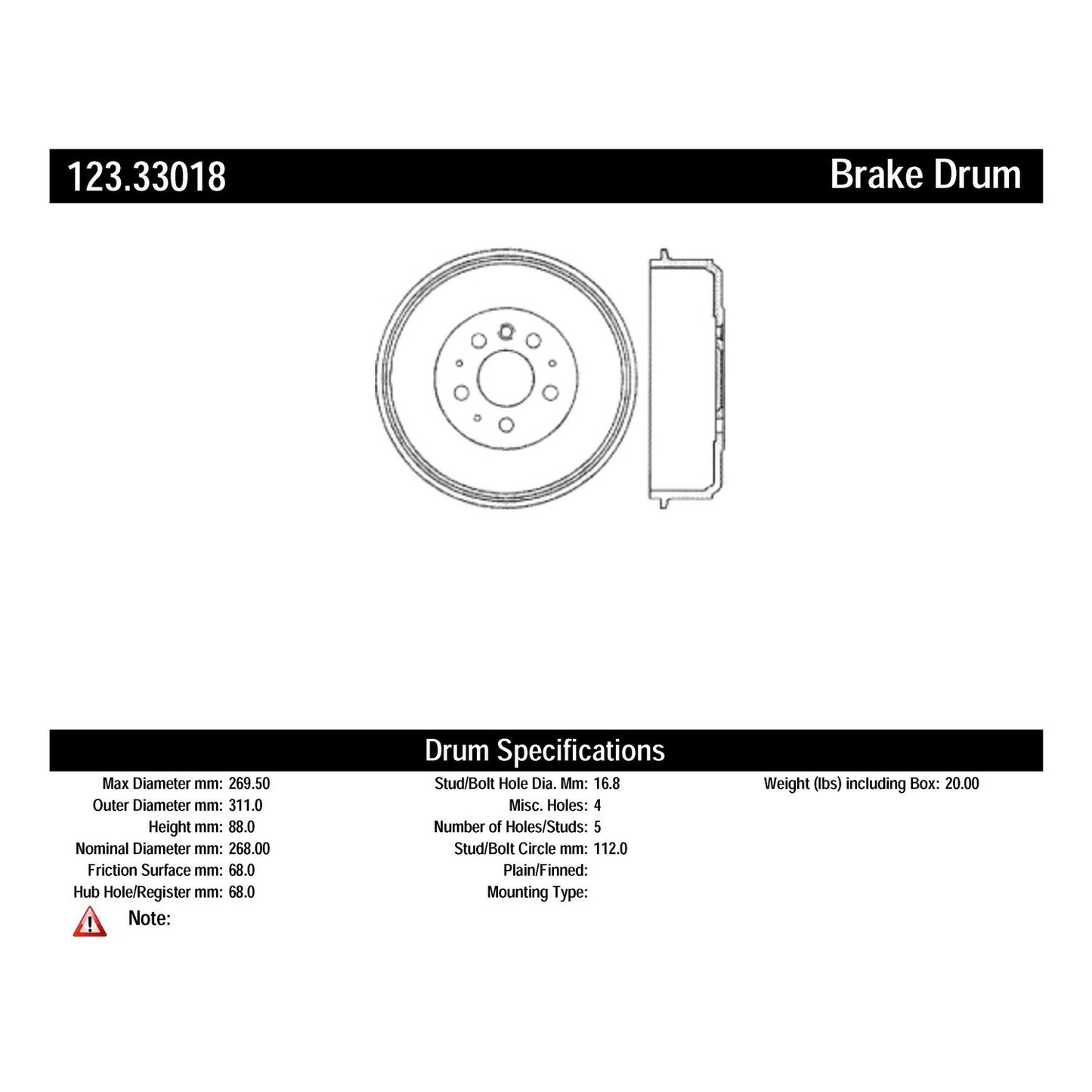 Centric Parts Brake Drum Standard with Non-Directional Finishes for 1992-1995 Volkswagen EuroVan 123.33018