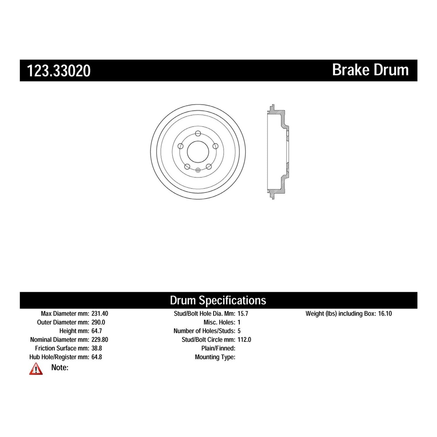 Centric Parts Brake Drum Standard with Non-Directional Finishes for 2011-2012 Volkswagen Jetta 123.33020