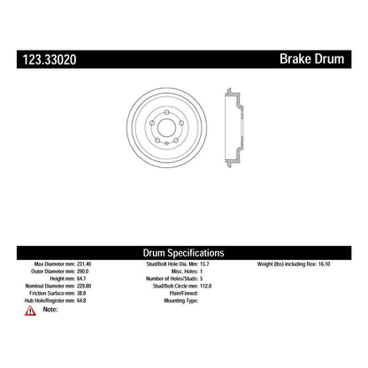Centric Parts Brake Drum Standard with Non-Directional Finishes for 2011-2012 Volkswagen Jetta 123.33020