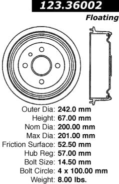 Centric Parts Brake Drum Standard with Non-Directional Finishes for 1993-2003 Chevy Pickup Daewoo Lanos Pontiac LeMans 123.36002