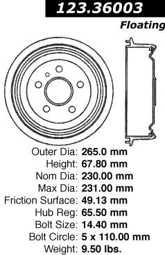 Centric Parts Brake Drum Non-Directional Finish 123.36003