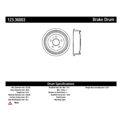 Centric Parts Brake Drum Non-Directional Finish 123.36003
