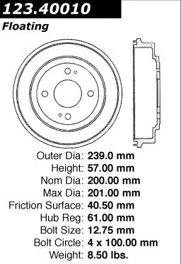 Centric Parts Brake Drum Standard with Non-Directional Finishes for 1988-1991 Honda Civic 123.40010