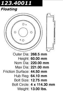 Centric Parts Brake Drum Standard with Non-Directional Finishes for 1990-2002 Honda Accord 123.40011