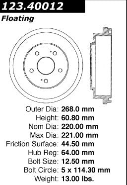 Centric Parts Brake Drum Standard with Non-Directional Finishes for 2001-2015 Honda Accord Civic CR-V 123.40012