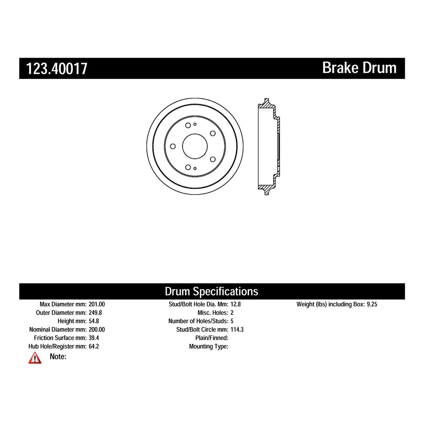 Centric Parts Brake Drum Standard with Non-Directional Finishes for 2006-2015 Honda Civic 123.40017