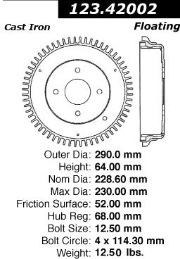 Centric Parts Brake Drum Standard Non-Directional Finishes for 1970-1978 Nissan 240Z 260Z 280Z 123.42002
