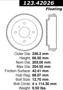 Centric Parts Brake Drum Standard with Non-Directional Finishes for 2000-2006 Nissan Sentra, 2011-2013 Renault Scala 123.42026
