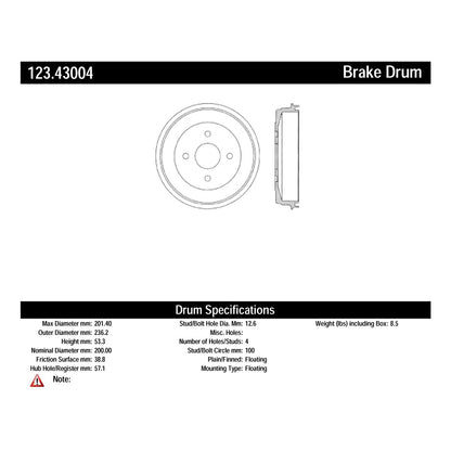 Centric Parts Brake Drum Standard with Non-Directional Finishes for 1990-1993 Geo Storm Isuzu Stylus 123.43004