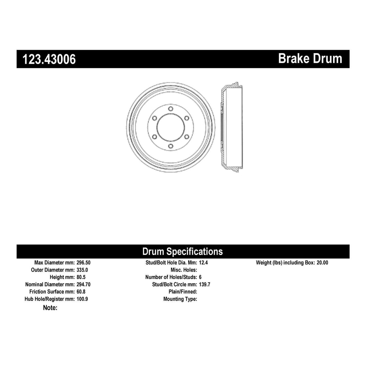 Centric Parts Brake Drum Standard with Non-Directional Finishes for 2000-2004 Honda Passport Isuzu Amigo Axiom Rodeo Rodeo Sport 123.43006