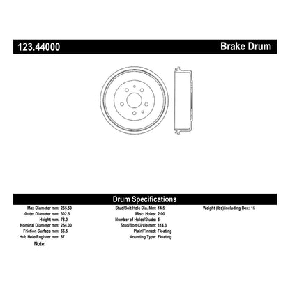 Centric Parts Brake Drum Standard with Non-Directional Finishes for 1972-1995 Toyota Hi-Lux Pickup 123.44000