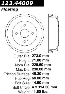 Centric Parts Brake Drum Standard with Non-Directional Finishes for Toyota 1967-1988 123.44009