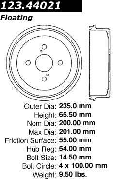 Centric Parts Brake Drum Standard with Non-Directional Finishes for 1992-1989 Geo Prizm 1991-1986 Toyota Celica 1992-1988 Corolla 123.44021