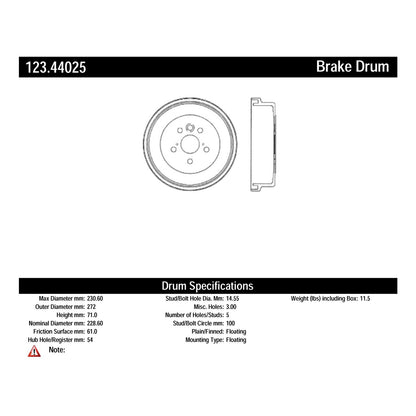 Centric Parts Brake Drum Standard with Non-Directional Finishes for 1987-1991 Toyota Camry 123.44025