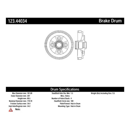 Centric Parts Brake Drum Standard with Non-Directional Finishes for 1993-1999 Toyota Paseo Tercel 123.44034