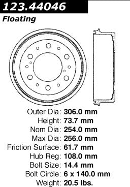 Centric Parts Brake Drum Standard with Non-Directional Finishes for 2005-2022 Toyota Tacoma 123.44046