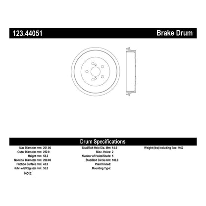 Centric Parts Brake Drum Standard with Non-Directional Finishes for 2009 Toyota Prius 123.44051