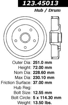 Centric Parts Brake Drum Standard with Non-Directional Finishes for 1992-1989 Ford Probe, 1992-1988 Mazda 626, 1992-1988 MX-6 123.45013