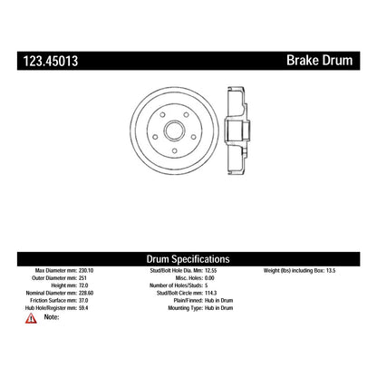 Centric Parts Brake Drum Standard with Non-Directional Finishes for 1992-1989 Ford Probe, 1992-1988 Mazda 626, 1992-1988 MX-6 123.45013