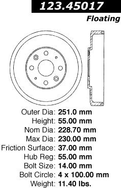 Centric Parts Brake Drum Standard with Non-Directional Finishes for 1991-1992 Ford Escort, 1990-1991 Mazda 323 123.45017