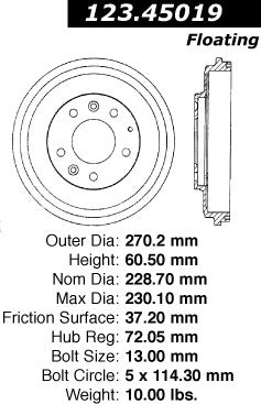 Centric Parts Brake Drum Standard with Non-Directional Finishes for 1993-1997 Ford Probe, 1993-2002 Mazda 626, 1993-1997 MX‑6 123.45019
