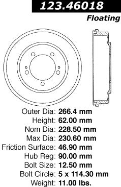 Centric Parts Brake Drum Standard Non-Directional Finishes for 1995-2005 Chrysler Sebring, Dodge Avenger, Stratus 123.46018