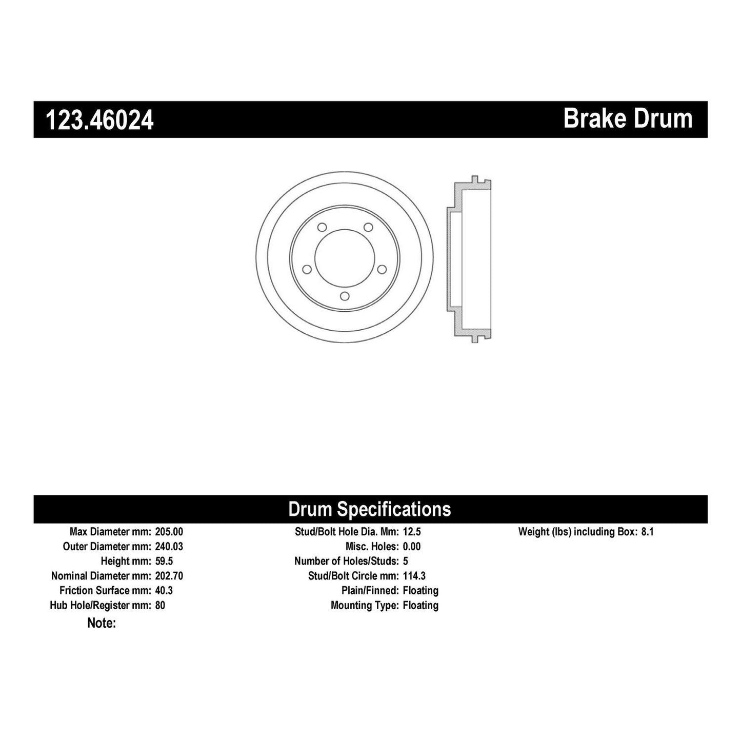 Centric Parts Brake Drum Standard with Non-Directional Finishes for 2008-2016 Mitsubishi Lancer 123.46024
