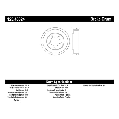 Centric Parts Brake Drum Standard with Non-Directional Finishes for 2008-2016 Mitsubishi Lancer 123.46024