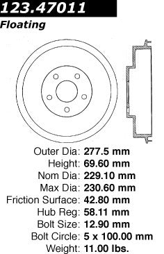 Centric Parts Brake Drum Standard with Non-Directional Finishes for 1998-2008 Subaru Forester, 1997-2003 Impreza 123.47011