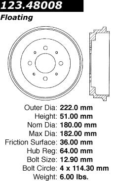 Centric Parts Brake Drum Standard with Non-Directional Finishes for 2000-1998 Chevrolet Metro, 1997-1995 Geo Metro, 2001-1995 Suzuki Swift 123.48008