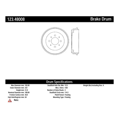 Centric Parts Brake Drum Standard with Non-Directional Finishes for 2000-1998 Chevrolet Metro, 1997-1995 Geo Metro, 2001-1995 Suzuki Swift 123.48008
