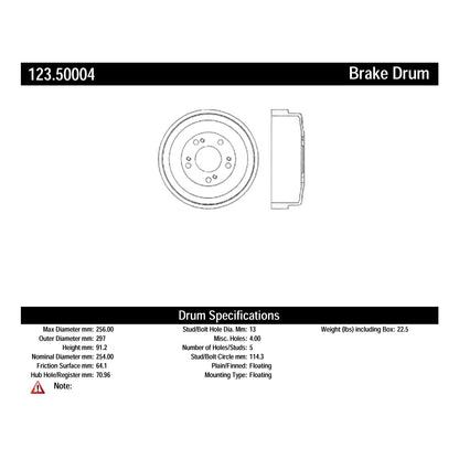 Centric Parts Brake Drum Standard with Non-Directional Finishes for 1996-2001 Ford F-100 Ranger 2002-2003 Kia Sedona 123.50004