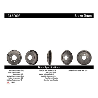 Centric Parts Brake Drum Standard with Non-Directional Finishes for 2007-2009 Kia Spectra 123.50008