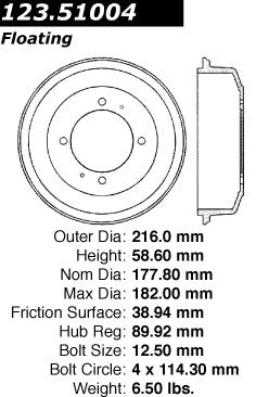 Centric Parts Brake Drum Non-Directional Finish 123.51004