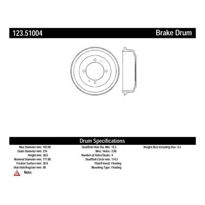 Centric Parts Brake Drum Non-Directional Finish 123.51004