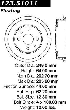 Centric Parts Brake Drum Standard with Non-Directional Finishes for 2004-2006 Dodge Verna 2003-2005 Hyundai Accent 123.51011