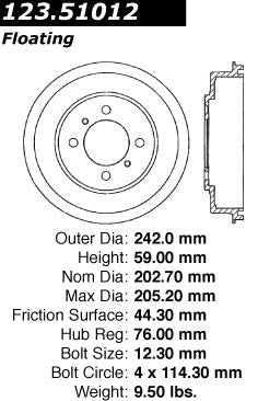Centric Parts Brake Drum Standard with Non-Directional Finishes for 2002-2006 Hyundai Elantra 123.51012