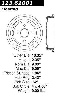 Centric Parts Brake Drum Standard Non-Directional Finishes for 1969-1960 Ford Falcon