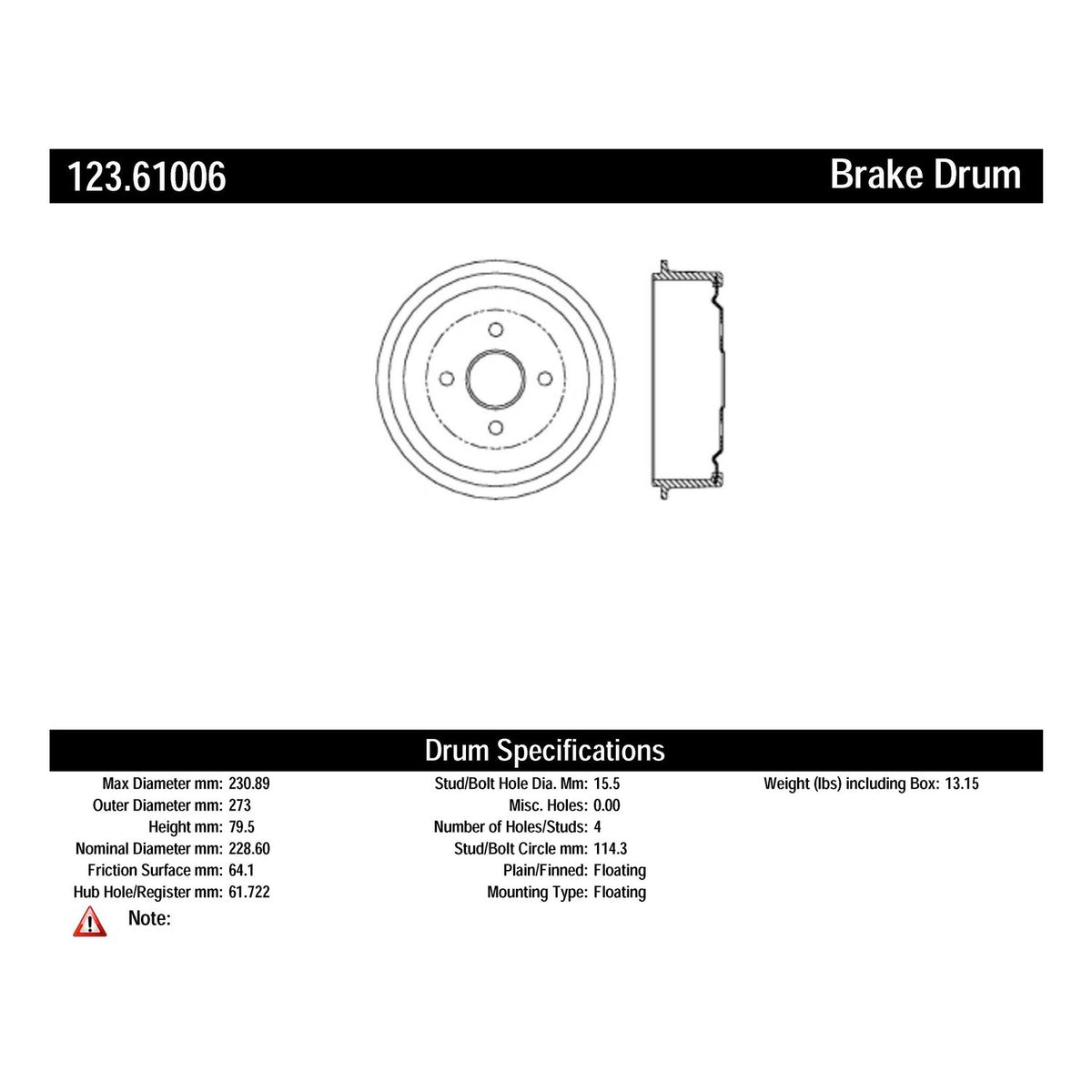 Centric Parts Brake Drum Non-Directional Finish 123.61006