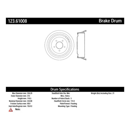 Centric Parts Brake Drum with Non-Directional Finishes 123.61008