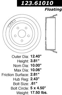 Centric Parts Brake Drum Standard with Non-Directional Finishes for Ford 1965-1973 123.61010