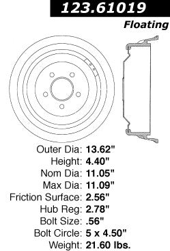Centric Parts Brake Drum Standard C-Tek for 1976-1979 Ford Gran Torino Thunderbird LTD II Cougar Montego 123.61019
