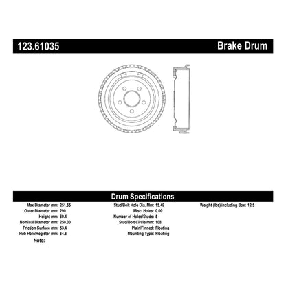 Centric Parts Brake Drum Standard with Non-Directional Finishes for Ford Cougar 1995-2000 123.61035
