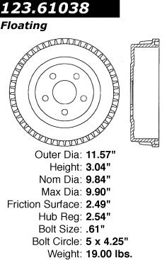 Centric Parts Brake Drum Standard with Non-Directional Finishes for 1995-2003 Ford Windstar 123.61038