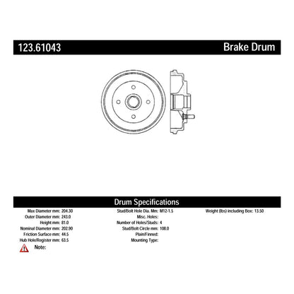 Centric Parts Brake Drum Non-Directional Finish 123.61040