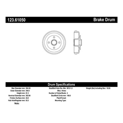 Centric Parts Brake Drum Non-Directional Finish for 123.61050